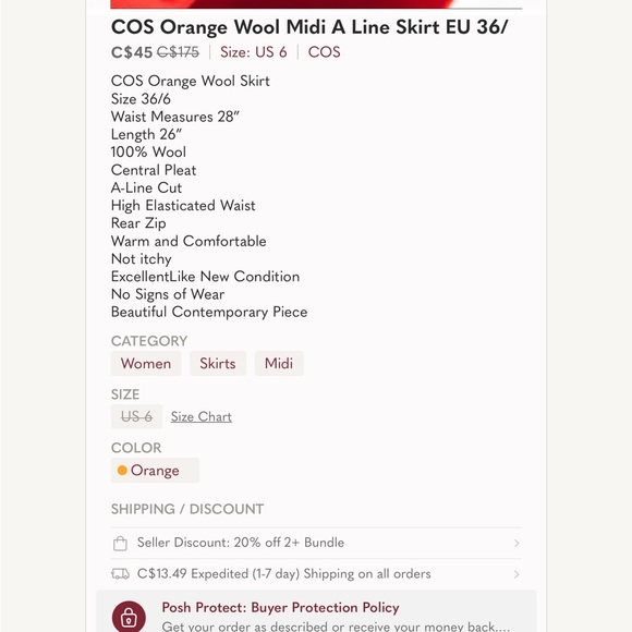 NWOT COS red wool skirt 36 - Picture 5 of 7